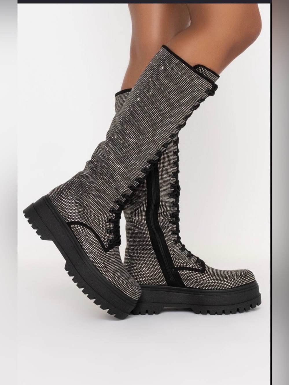 Torrid Betsey Johnson Knee High Embellished Silver Rhinestones Lace-Up Boots - Picture 2 of 16